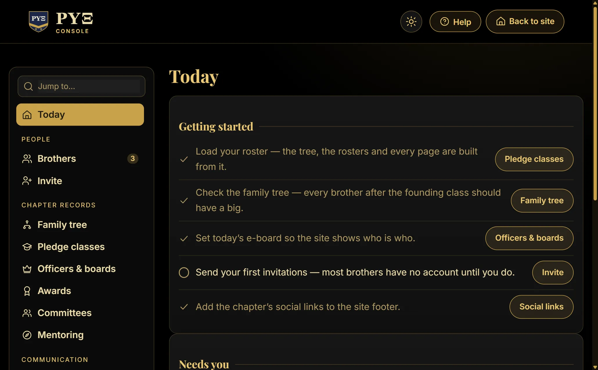 The fraternity demo's officer console, dark theme: the Today page with its getting-started checklist