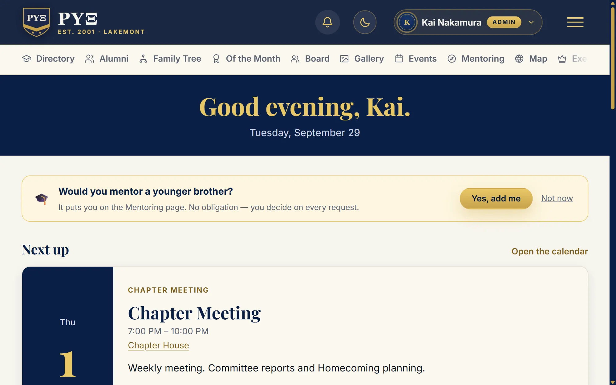 A fraternity demo chapter's member home in navy and gold, light theme: Good evening, Kai, and the next chapter meeting