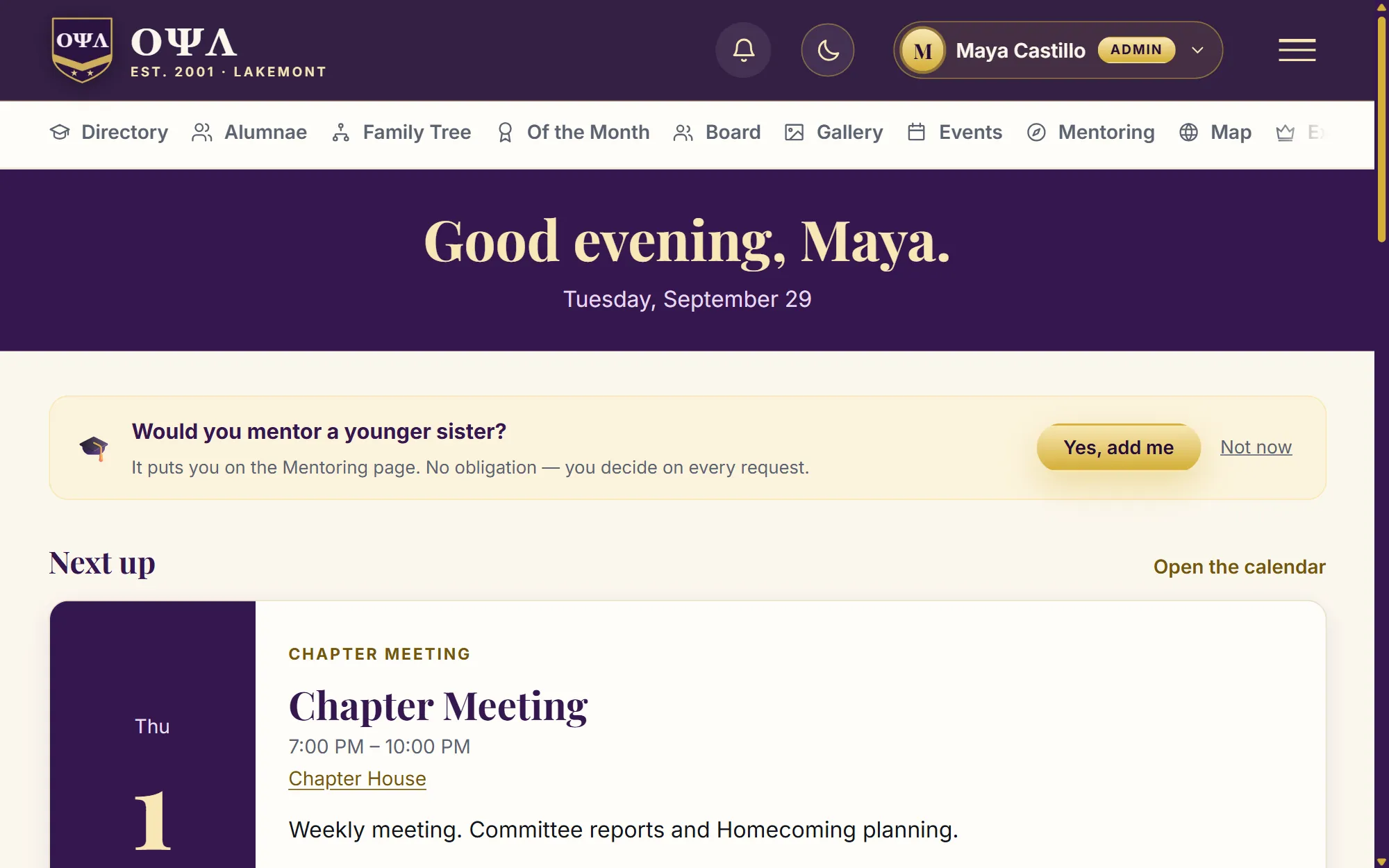 A sorority demo chapter's member home in royal purple and gold, light theme: Good evening, Maya, and an invitation to mentor a younger sister