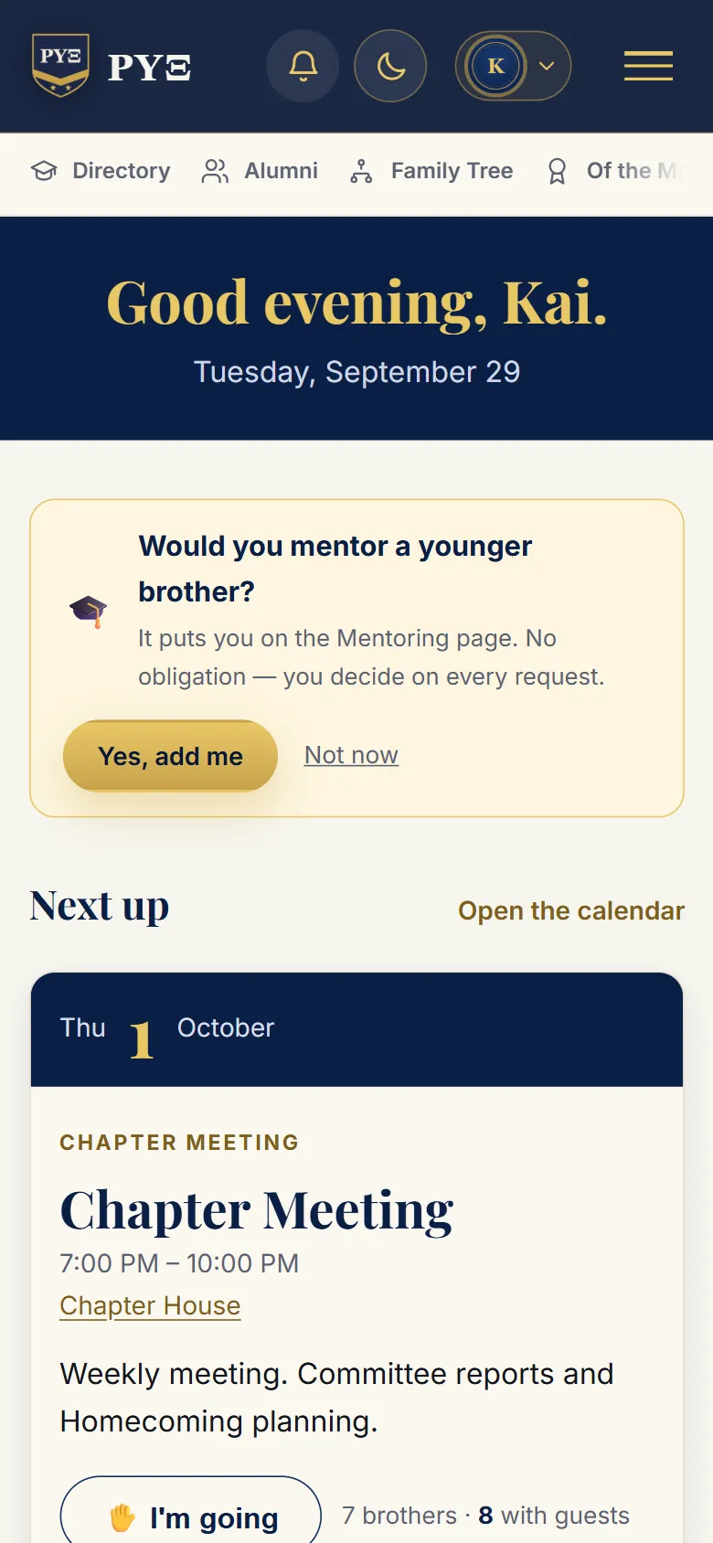 The fraternity demo on a phone, light theme: Would you mentor a younger brother?