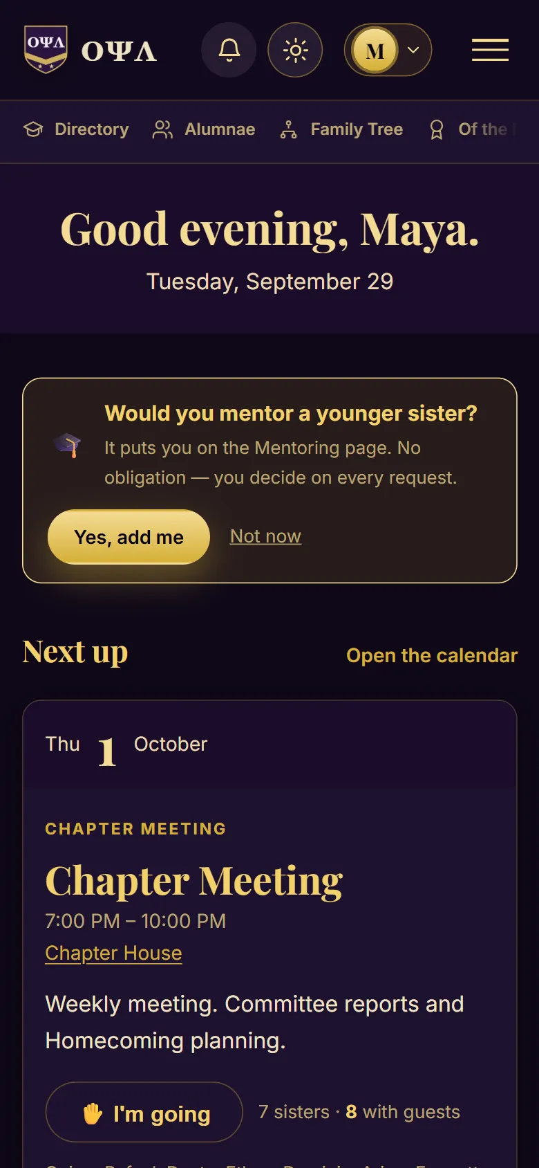 The sorority demo on a phone, dark theme: Would you mentor a younger sister?